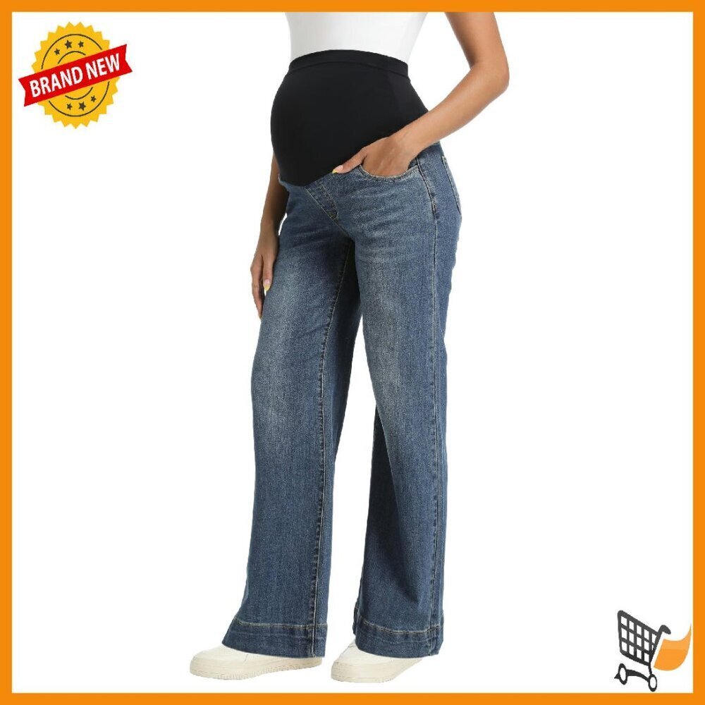 Maternity Wide Leg Jeans Stretchy Comfort Fit Pregnancy Denim Pants